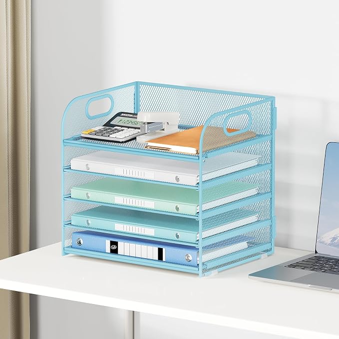 Lavatino Desk Letter Tray Paper Organizer for Desk 5-Tier with Handle Mesh Desktop File Organizer Paper Holder for Classroom Office Accessories - Blue