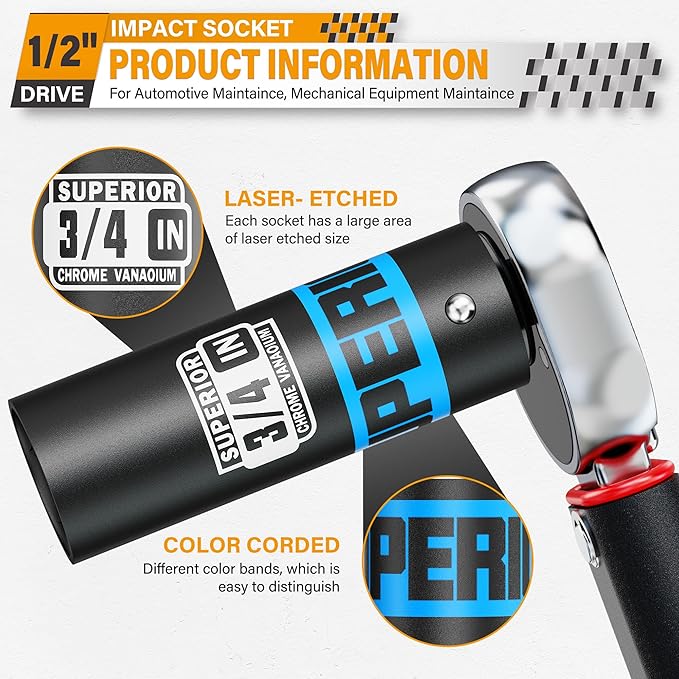 1/2" Drive Impact Socket, 3/4 inch Deep Socket, SAE, 6 Point, CR-V, for Car Repair, Loosen the Fastening Nut