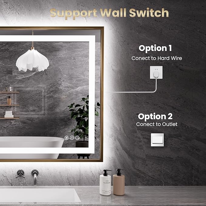 Amorho 72"x 36" Gold LED Bathroom Mirror, Metal Framed Mirror with Front Light and Backlit, Stepless Dimmable, Anti-Fog, Shatter-Proof, Memory, 3 Colors