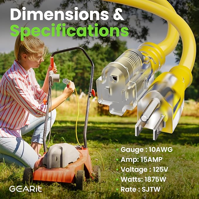 GEARit 100 Ft Extension Cords 10/3 Gauge Outdoor/Indoor SJTW 10 AWG 3 Prong Heavy Duty Power Cable 15A 125V 1875W for Lawn, Garden, Appliances Yellow