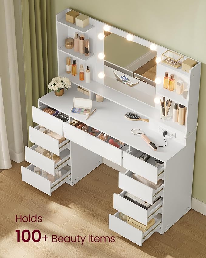 VASAGLE Kailyn Collection - Vanity Desk with Mirror and 9 LED Bulbs, Vanity Makeup Table with Power Outlets, Dressing Table with 9 Drawers, for Bedroom, Cloud White URDT141WB01S
