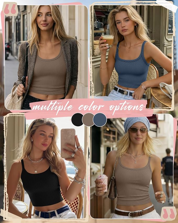 Ficerd 3 Pack Women's Tank Tops 95% Cotton Spaghetti Strap Ribbed Crop Camisole Slim Fitted Basic Summer Sleeveless Layer