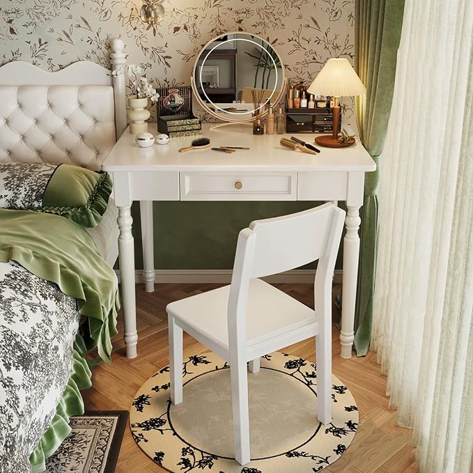 Solid Wooden Desk with Drawers, Small Writing Desk with Drawers for Computer, PC Desk for Work, Study or Gaming, Easy to Assemble (Ivory White, 31.5IN)