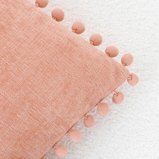 CaliTime Decorative Couch Throw Pillow Covers 18 X 18 Inches Dusty Pink | Pack of 2, Cozy Chenille Cushion Cases, with Pom Poms for Sofa Bed Living Room Farmhouse Home