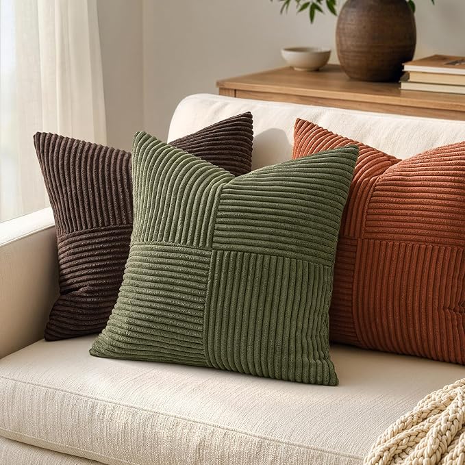 MIULEE Olive Green Decorative Throw Pillow Covers for Couch 18x18 Inch | 2 Pack, Boho Farmhouse Pillow Covers, Soft Cross Corduroy Patchwork Textured Cushion Cases For Bed Sofa