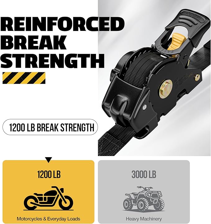AUGO Retractable Ratchet Straps | 4 Heavy Duty Ratchet Straps Self Retractable Tie Down Straps with Soft Loops & Storage Bag for Motorcycle, Truck, Trailer, Cargo Van | 1200 Lb Break Strength 1” x 10’