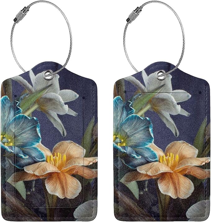 Retro Tulips Luggage Bag Case Tags for Travel Suitcase White Blue Yellow Flowers On Blue Background PU Leather Baggage Tag with ID Label Privacy Flap Cover 2 Pack