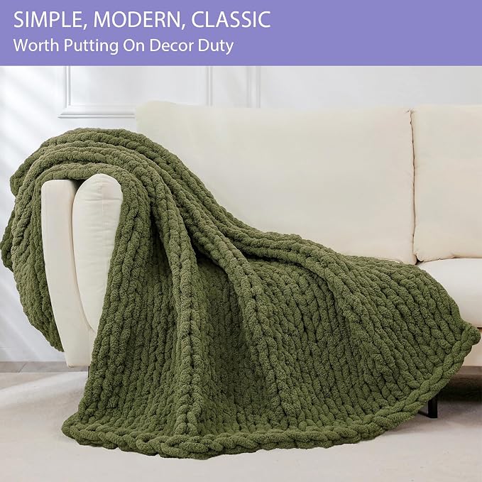 Bigacogo Chunky Knit Throw Blanket for Couch, 40x80 inches, Yellow Green | Hand Knit with Jumbo Chenille, Soft Breathable Cable Knit for Sofa Bed Living Room, Machine Washable, Gift for Mom Friend