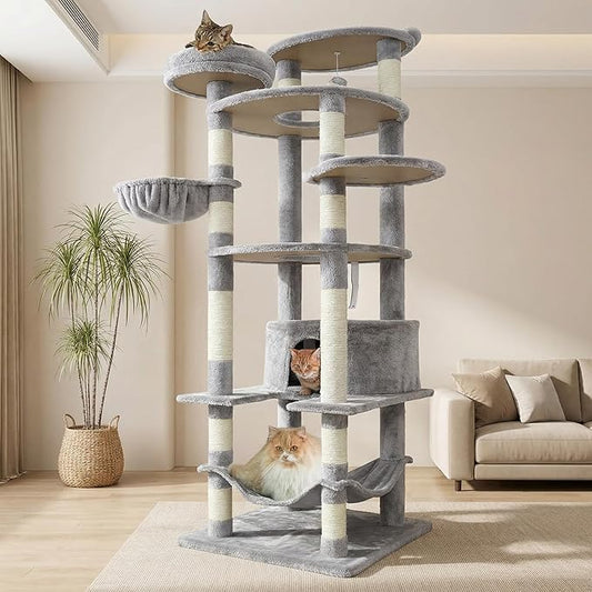 78.8" Large Cat Tree Tower for Indoor Kitties, Multi-Level Furniture Activity Center for Tall Cat Condo with Cozy Perches,Sisal Scratching Posts,Hammock and Basket (78.8 inch Light Gray)