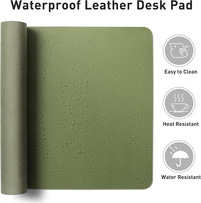 Aothia Faux Leather Desk Mat – Large Mouse Pad, Non-Slip PU Leather Blotter, Waterproof Writing Surface for Office and Home (Olive Green, 47.2" x 23.6")