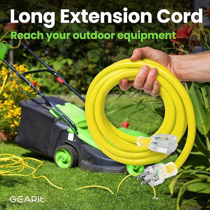 GEARit 100 Ft Extension Cords 14/3 Gauge Outdoor/Indoor SJTW 14 AWG 3 Prong Heavy Duty Power Cable 13A 125V 1625W for Lawn, Garden, Appliances Yellow