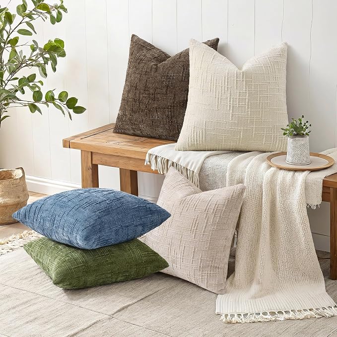 decorUhome Textured Chenille Throw Pillow Covers 20x20 Set of 2 Blue | Fall Modern Farmhouse Soft Cozy Slubby Couch Pillow Cases Boho Decorative Pillow Cases for Bed Sofa Living Room Home Decor