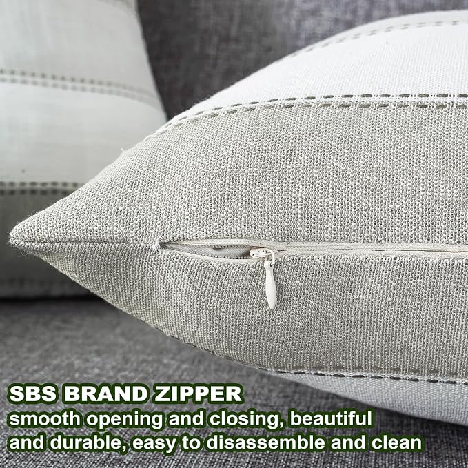 Pack of 2 Farmhouse Stripe Check Throw Pillow Covers Set Case Cotton Linen Decorative Pillowcases Cushion Cover for Couch Bench Sofa 16x16Inch Light Grey Beige