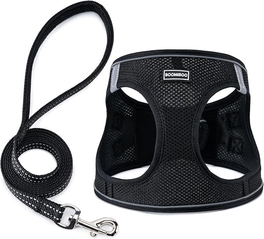 BOOMIBOO Dog Harness with Leash Set, No Pull Adjustable Reflective Step-in Puppy Pet Vest Harnesses for Small Medium Large Dogs and Cats,Black L