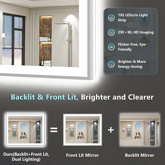 40x32 Brushed Nickel LED Bathroom Mirror with Lights, Sliver Framed Backlit and Front Lit Anti-Fog Lighted Vanity Mirrors for Bathroom Wall, Dimmable, 3 Colors, Memory, Tempered Glass, CRI＞90