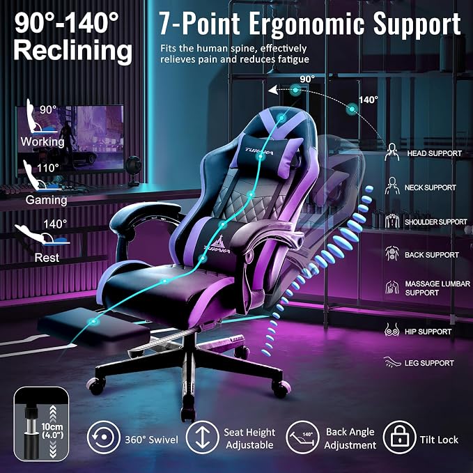 Gaming Chair,Ergonomic Massage Office Chair with Footrest,Purple | Pocket Spring Cushion,Reclining,Thick High Back,Headrest and Lumbar Support,Adjustable Leather Computer Chair Gamer Chair