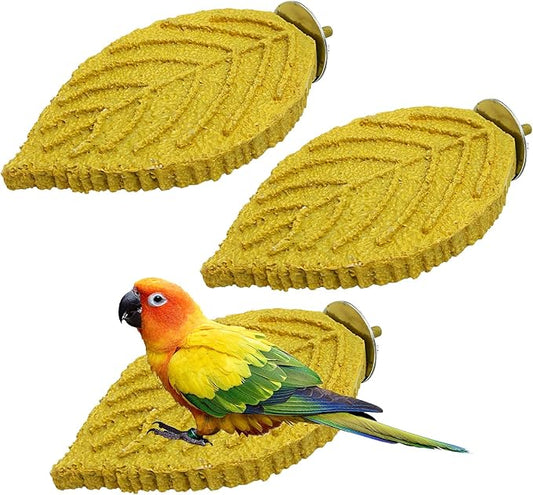 3 Pcs Bird Perch Resin Bird Beak Grinding Stone Leaf Shape Perch Stand Foot Clawing Trimmer Platform Cage Accessories for Cockatiels Conures Budgies Lovebirds (Yellow)