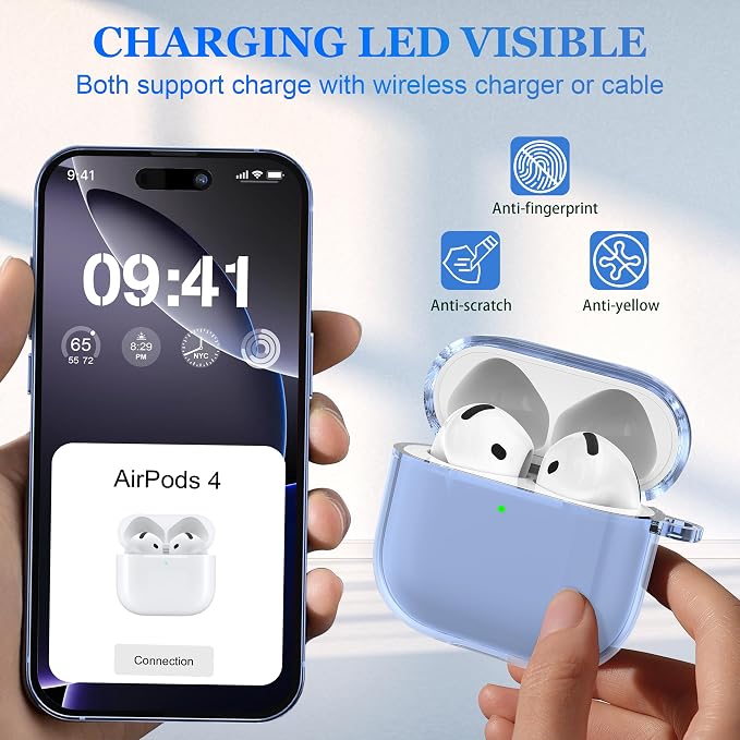 for AirPods 4th Generation Case Cover 2024, Military-Grade Shockproof, Soft TPU Highly Transparent Anti-Yellowing for AirPods 4 Case with Cleaning Kit & Cute Round Buckle, Clear Blue