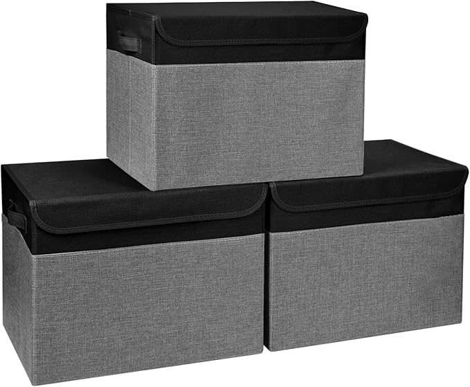 Large 17" 42 Quarts Collapsible Stackable Storage Bins with Lids [3-Pack] Foldable Fabric Linen Storage Boxes Cube, Closet Organizer Baskets with Label for Home (16.7 x 12 x 12", Black & Gray)