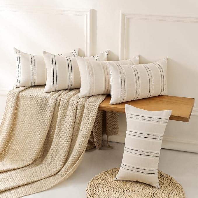 Hckot Throw Pillow Covers 12x20 Set of 2 Striped Pillow Covers Textured Linen Decorative Pillows Lumbar Cushion Covers for Sofa Couch Bed Living Room Farmhouse Decor, Khaki