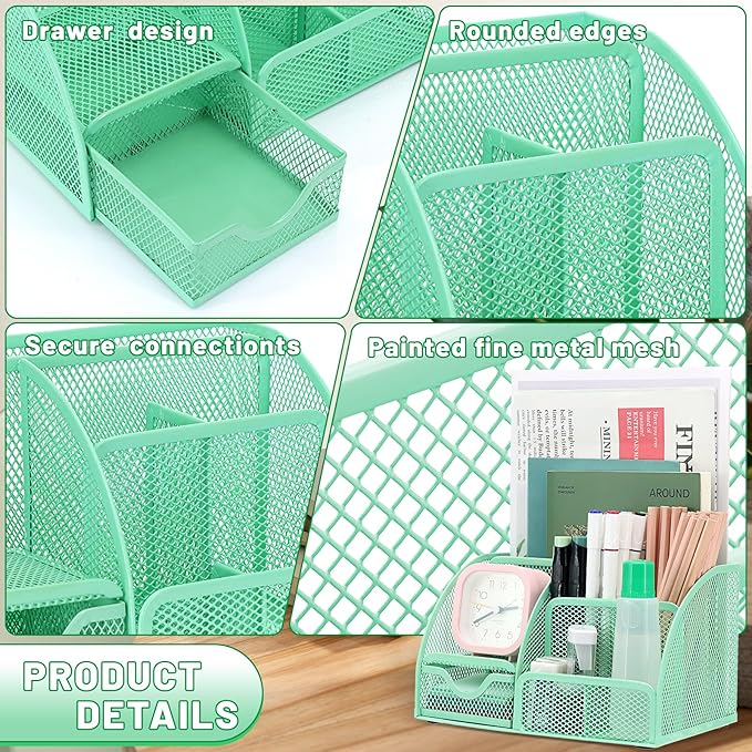 13-in-1 Office Desk Organizer Set with Stapler and Tape Dispenser, Pen Holder, Scissors, Ruler, Hole Punch, 2 Pens & More Desktop Accessories for Back to School Supplies (Green)
