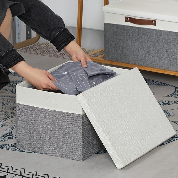 Temary Collapsible Storage Bins Storage Boxes with lid, 2 Pack Storage Baskets with Lid Organizing Clothes, Decorative Organizer Bins with Handles (White&Gray, 15x11x9.5inch)