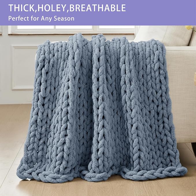 Bigacogo Chunky Knit Throw Blanket for Couch, 51x63 inches, Cold Sea Blue | Hand Knit with Jumbo Chenille, Soft Breathable Cable Knit for Sofa Bed Living Room, Machine Washable, Gift for Mom Friend