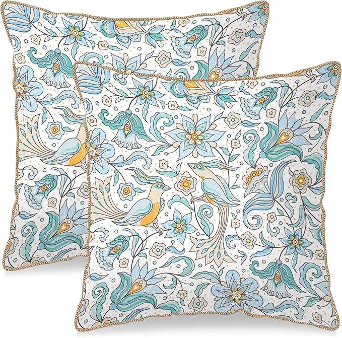 KSLIDS Vintage Floral Soft Velvet Throw Pillow Covers Set of 2 Blue Yellow Flower Birds Decorative Pillow Covers 16x16 Inch Chinoiserie Country Pillow Case for Sofa Couch Bedroom Farmhouse Home Decor