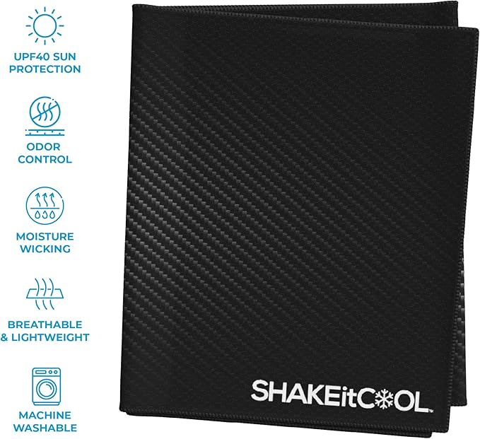 SHAKEitCOOL Extended Size Cooling Towel – Be Cool in Style - Heat Relief, Soft, Lightweight, Sun Protection, Easy Clean - Perfect for Biking, Hiking, Running, Yoga, Golf, Gardening - Carbon Fiber M