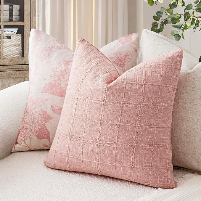 Foindtower Set of 2 Decorative Linen Check Throw Pillow Covers Neutral Farmhouse Vintage Cushion Covers Modern Boho Accent Home Decor for Sofa Chair Couch Bedroom Living Room,24×24 Inch,Light Pink