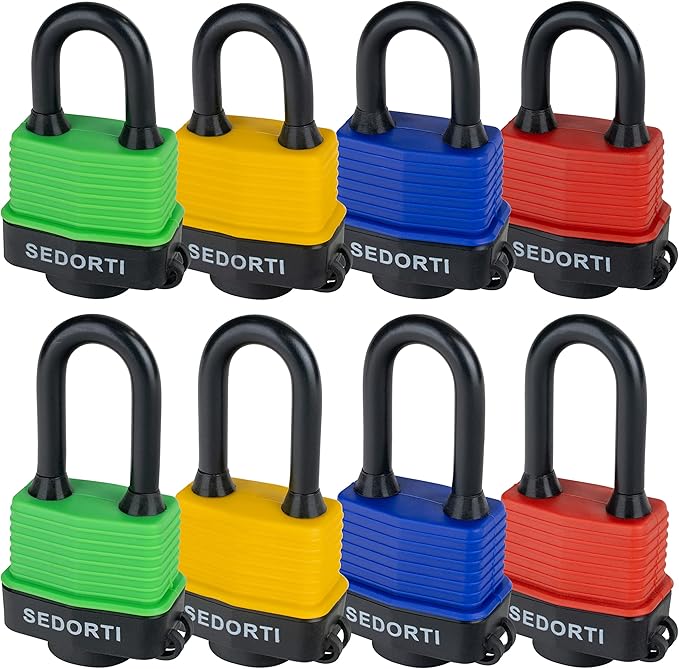 Colored Waterproof Padlocks, Heavy Duty Laminated Steel Lock with Blue Plastic Covered, Keyed Alike Outdoor Locks, Can Be Used as Lockout Tagout Lock, Long Padlocks, Pack of 12
