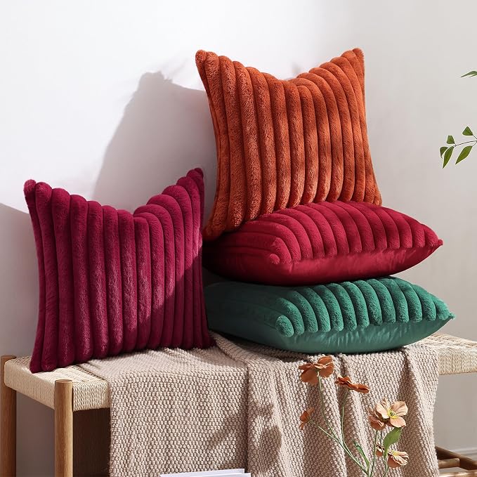 decorUhome Fall Faux Fur Throw Pillow Covers 22x22 Set of 2 Christmas Green | Decorative Soft Cozy Striped Plush Modern Farmhouse Boho Couch Pillow Cases Velvet Back for Sofa Bed Living Room Home Decor