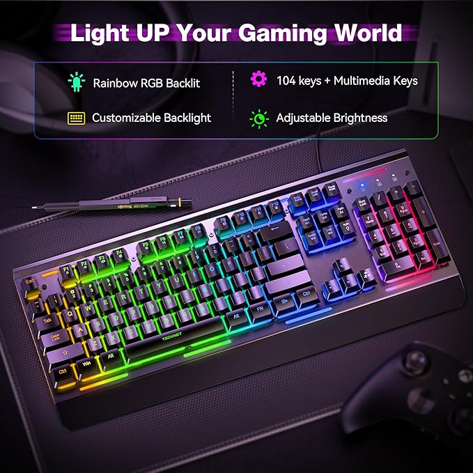 TECKNET Wired Gaming Keyboard, RGB Backlit Keyboard with Metal Panel Design | 15-Zone RGB Illumination, Whisper Quiet Design, IP32 Water Resistance, 25 Anti-ghosting Keys, Ergonomic Design