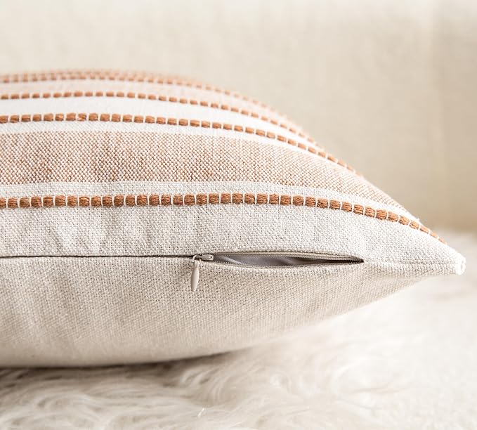 Cethom Decorative Boho Lumbar Throw Pillow Covers, Farmhouse Textured Pillow Case, 12 x 20 Inch Set of 2, Chair Sofa Bedroom Living Room Home Decor Couch Cushion Case, Brown and Beige