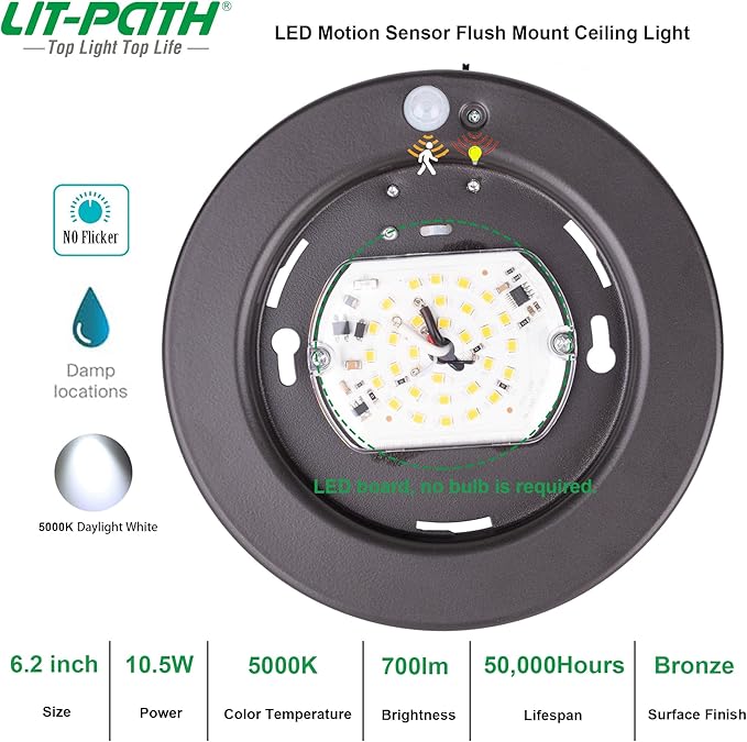 LIT-PaTH LED Flush Mount Ceiling Light, Closet Lighting Fixture with Motion Sensor and Dusk to Dawn, 10.5W, 800 Lumen, 6.2 Inch, Anti-Rust Galvanized Housing, Bronze Finish 5000K 1-Pack