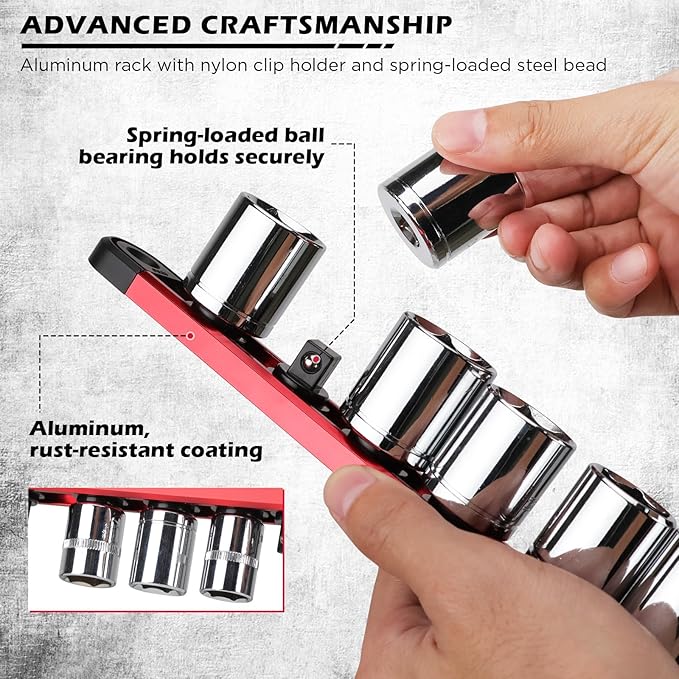 18-Piece Magnetic Socket Holder Organizer Set (Holds 240 Sockets), Heavy Duty 1/2, 3/8, 1/4-Inch Socket Racks Premium Quality Socket-Clip Rail Holder Aluminum Sockets Rack Kit for Tool Box Drawer
