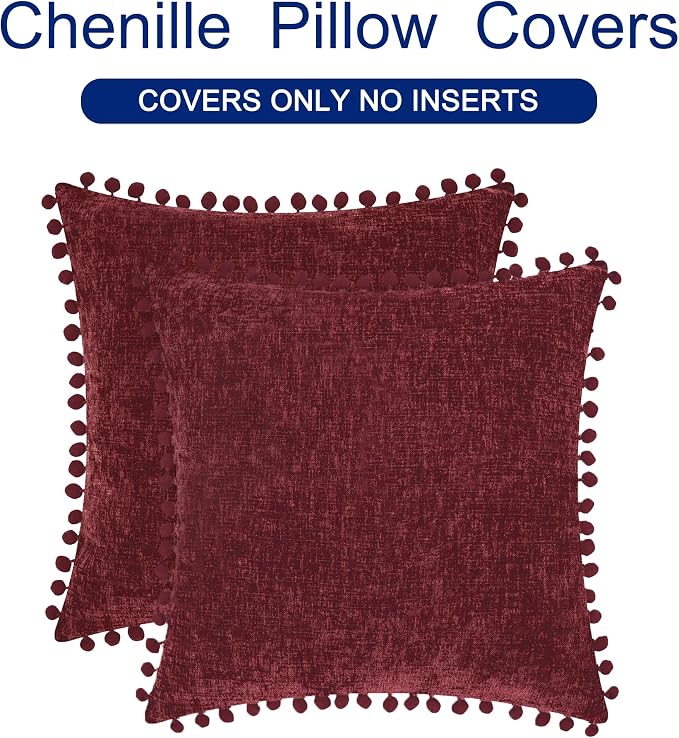 CaliTime Decorative Couch Throw Pillow Covers 18 X 18 Inches Burgundy | Pack of 2, Cozy Chenille Cushion Cases, with Pom Poms for Sofa Bed Living Room Farmhouse Home
