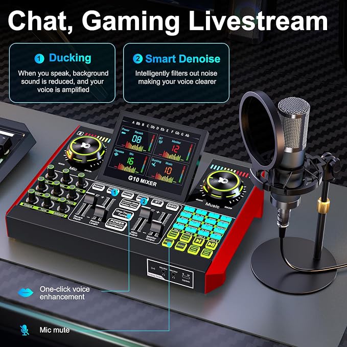 Podcast Microphone Bundle with Live Sound Board Audio Mixer, Podcast Equipment Bundle with 3.5mm Condenser Microphone(P15) for Pc/Phone Live Streaming Singing Gaming, Voice Changer, Denoise