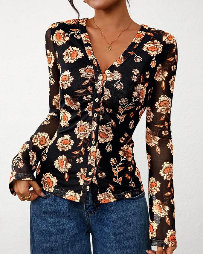 BTFBM Button Down Shirts for Women 2026 Fall Boho Tops V Neck Long Sleeve Blouses Ruched Mesh Fitted Fashion Clothing