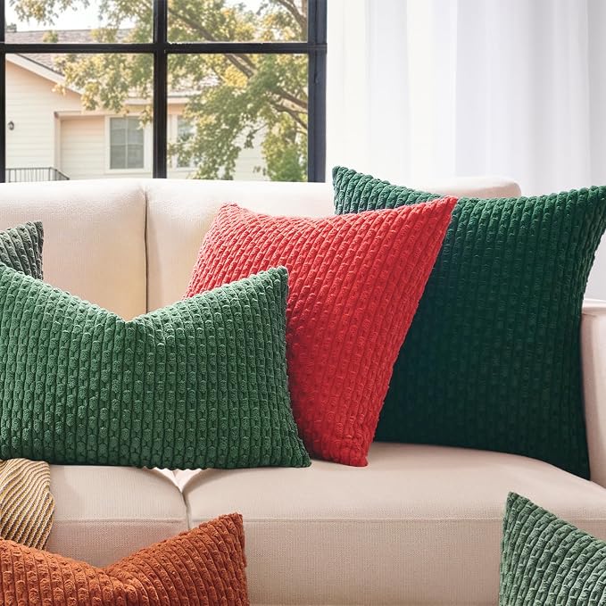 Kevin Textile Soft Corduroy 12"x20" Lumbar Pillow Cover 1 Pack, Dark Green | Boho Stripe Plush Corduroy Decorative Oblong Cushion Cover Modern Farmhouse Home Decor for Sofa Couch Bed Chair