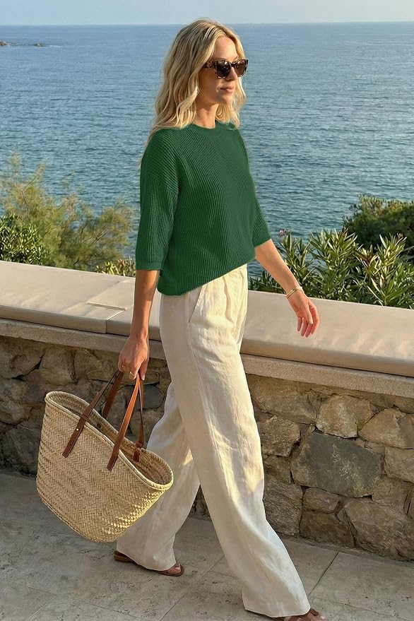 Arach&Cloz Womens Summer 100% Cotton Oversized Crochet Tops 3/4 Length Sleeve Sweater Hollow Out Casual Blouses 2026