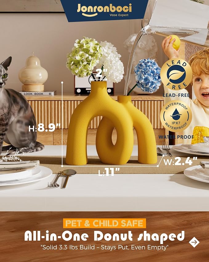 Hug Donut Decorative Vase Set - Yellow Vase, Modern Nordic Boho Style Vases Home Decor, Matte Ceramic Decorations for Living Room Shelf, Bookshelf Mantle Entryway Table or Console Décor (Yellow)