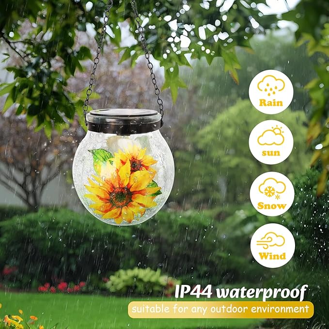 WONDER GARDEN Solar Lanterns Outdoor Waterproof, 3 Pack Hanging Solar Lights Decorative, Sunflower Hummingbird Bee Glass Garden Lantern Light for Yard Outside Patio Outside Decor Gift, White Light