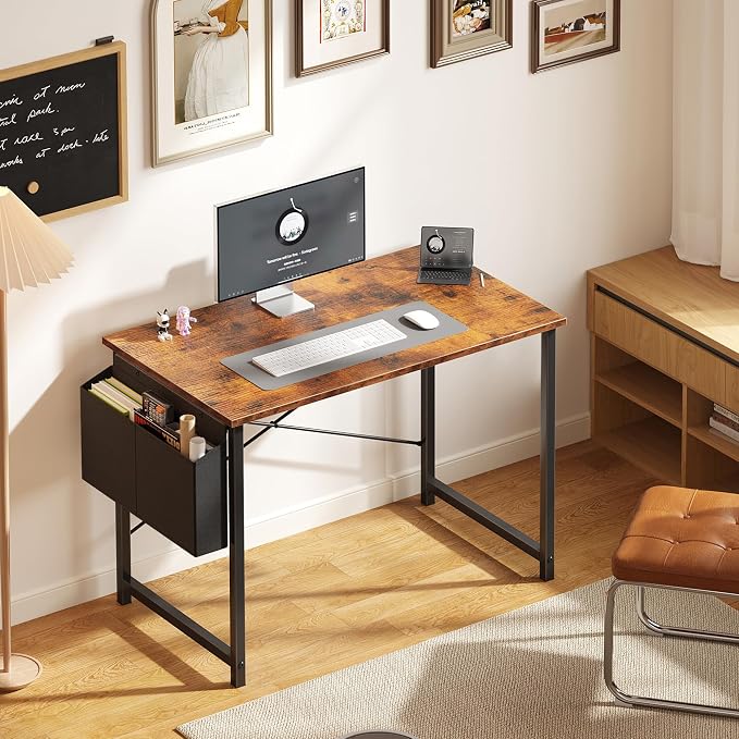 OLIXIS Small Computer Desk, 40 Inch Gaming Desks for Home Office | Writing Study Craft Work Table, Computer Workstation for Bedroom Small Spaces with Storage Bag, Rustic Brown