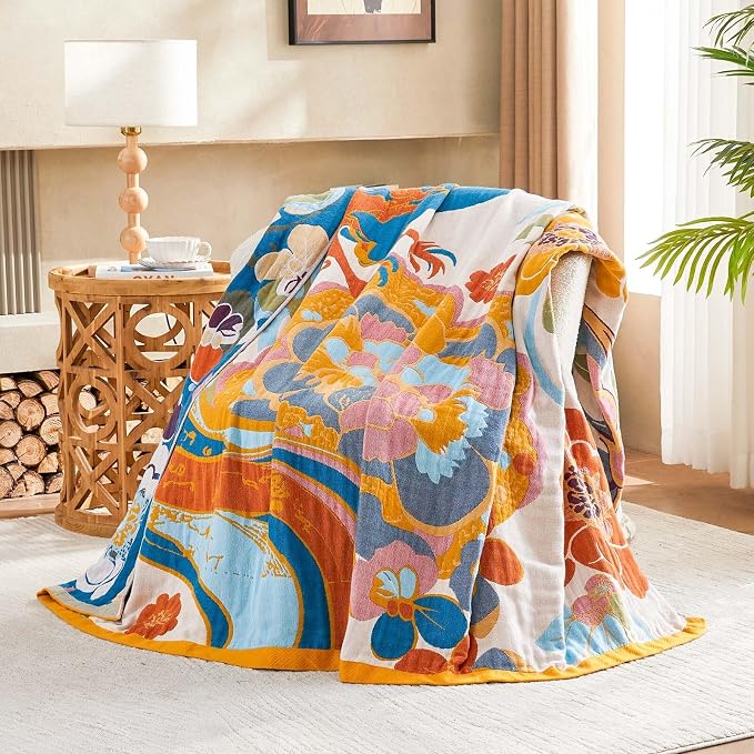 XIBLC Boho Throw Blanket, Lightweight Blankets for Summer, 100% Cotton Bohemian Decorative Throw Blanket, 60"x80" Reversible Muslin Breathable Woven Farmhouse Blankets Quilt,