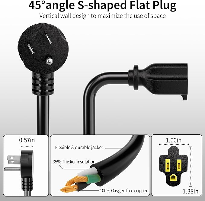 Vockjour 3 FT Black Low Profile Flat Plug 14 Gauge Heavy Duty Extension Cord, 14AWG 3-Wire Grounded Appliance Extension Cord, 15A/125V/1875W SJTW ETL Listed Power Cord
