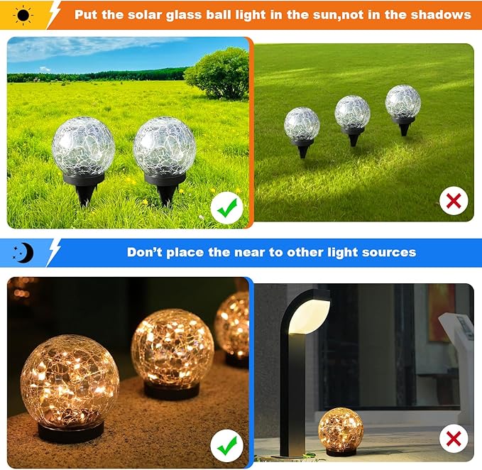 Solar Globe Lights Outdoor Waterproof-Solar Balls-Solar Garden Lights-Orbs for Outside 2 Pack Cracked Glass Ball for Lawn Patio Yard Backyard Decorations