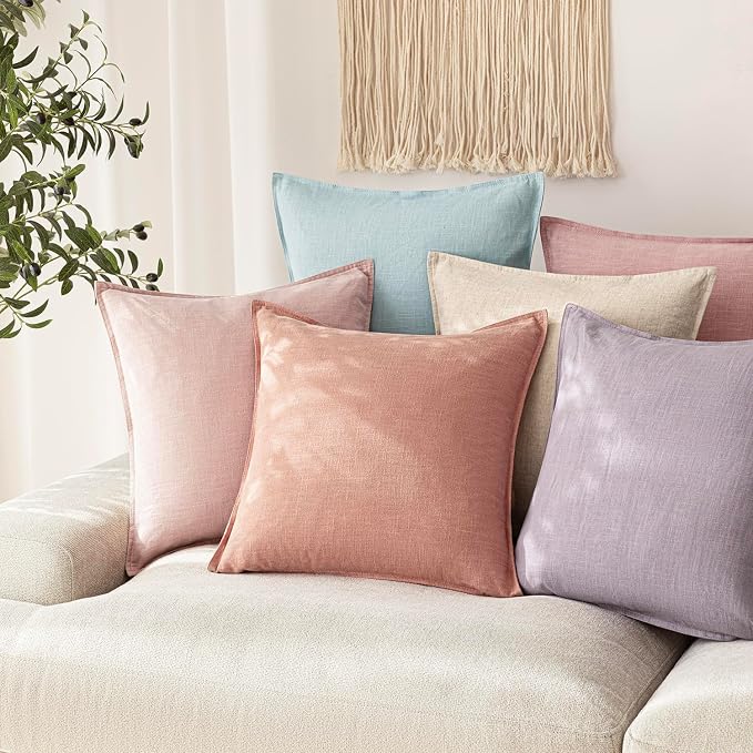 Foindtower Pack of 2, Decorative Linen Solid Throw Pillow Covers Soft Accent Euro Cushion Case Boho Farmhouse Pillowcase for Chair Couch Sofa Bedroom Living Room Home Decor 18 x 18 Inch Coral Pink