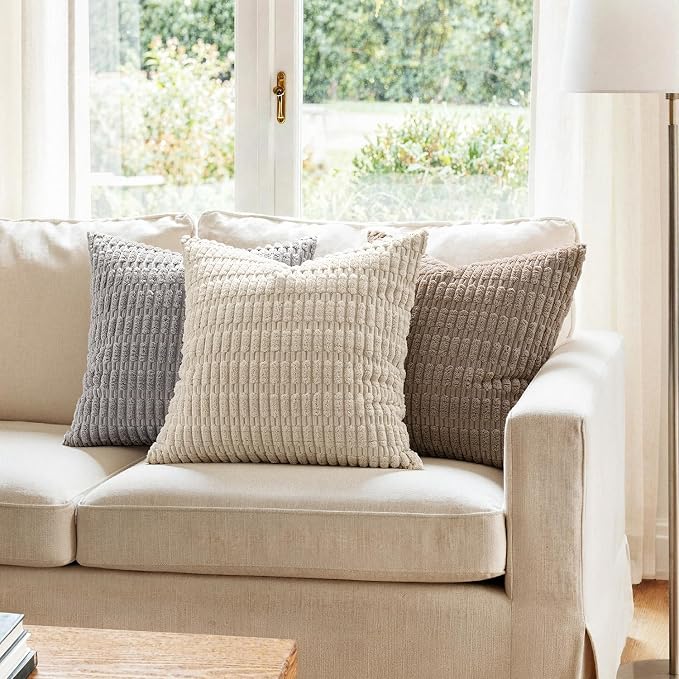 MIULEE Pack of 2 Corduroy Decorative Throw Pillow Covers 16x16 Inch Soft Boho Striped Pillow Covers Modern Farmhouse Home Decor for Sofa Living Room Couch Bed Light Brown