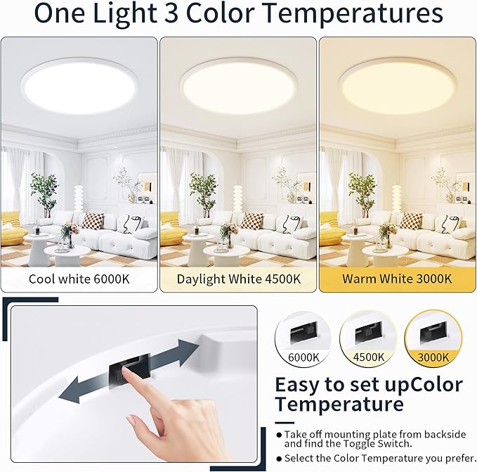 MOONSEA 20 Inch LED Dimmable Ceiling Light Fixture 40W - Round Flush Mount Adjustable 3000K/4500K/6000K Large Kitchen Light Fixture, 4000lm Hallway Light Fixtures for Bedroom, White